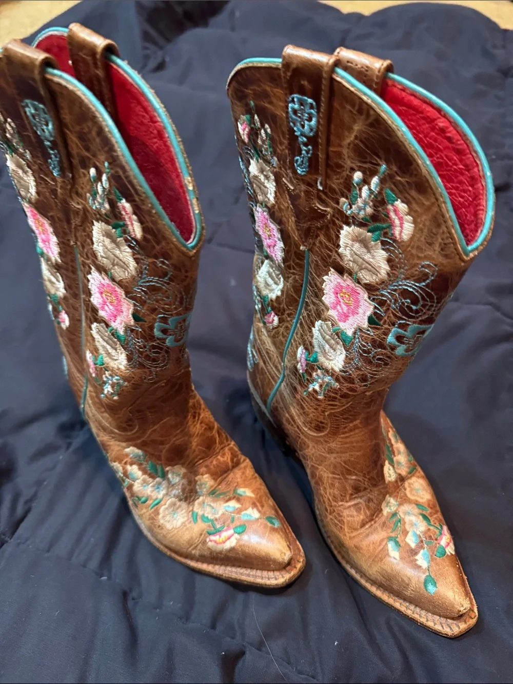 Girls Macie Bean Brown Embroidered Western Boots with Pink Floral Accents